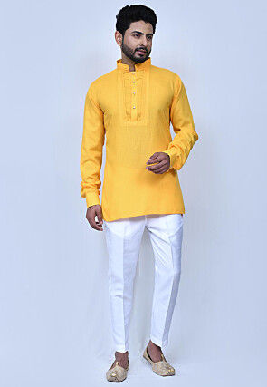Solid Color Cotton Short Kurta Set in Yellow