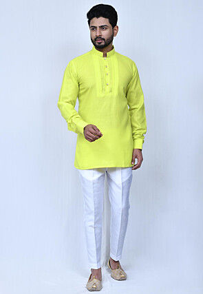 Solid Color Cotton Short Kurta Set in Yellow