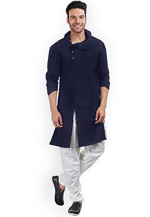 Solid Color Cotton Side Slit Kurta in Navy Blue