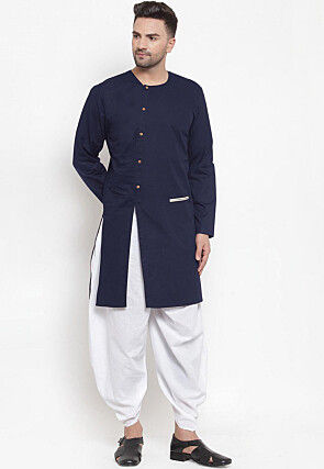 Solid Color Cotton Side Slit Kurta in Navy Blue