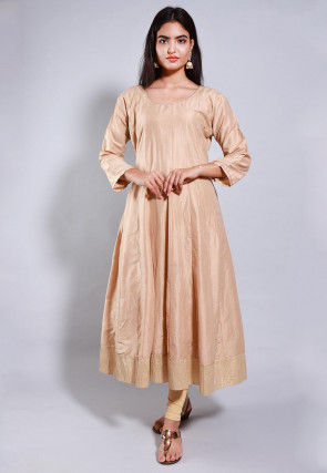 Solid Color Cotton Silk Anarkali Kurta Set in Beige