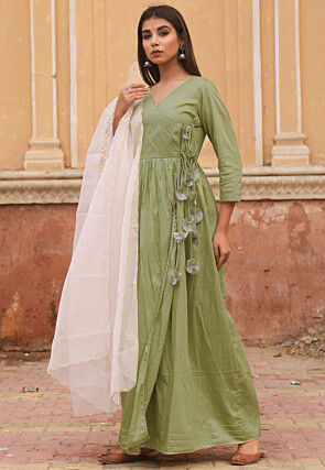 Solid Color Cotton Silk Angrakha Style Abaya Suit in Light Green