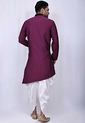 Solid Color Cotton Silk Asymmetric Dhoti Kurta in Magenta
