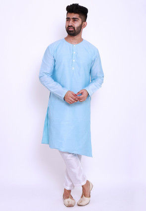 Solid Color Cotton Silk Asymmetric Kurta in Sky Blue