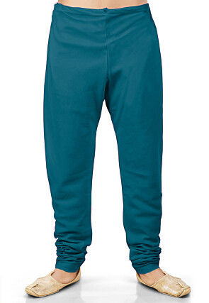 Solid Color Cotton Silk Churidar in Teal Blue