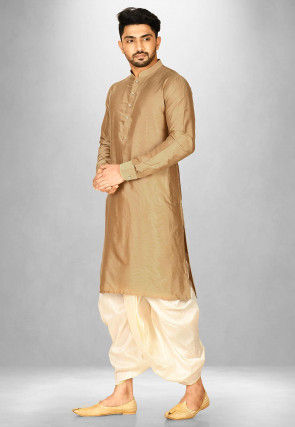 Solid Color Cotton Silk Dhoti Kurta in Dark Beige