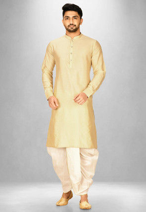 Solid Color Cotton Silk Dhoti Kurta in Light Beige
