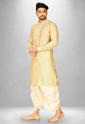 Solid Color Cotton Silk Dhoti Kurta in Light Beige