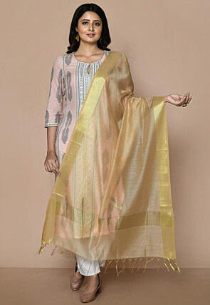 Solid Color Cotton Silk Dupatta From Banaras in Beige