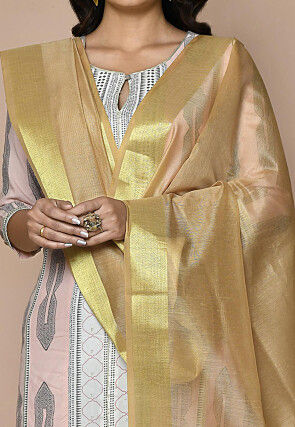 Solid Color Cotton Silk Dupatta From Banaras in Beige