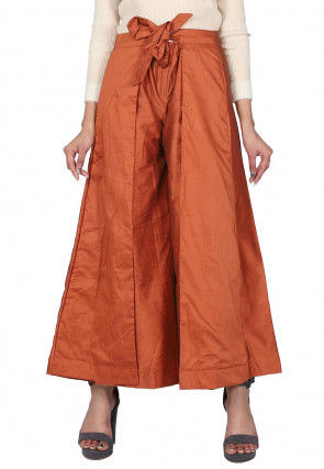Solid Color Cotton Silk Flared Palazzo in Rust