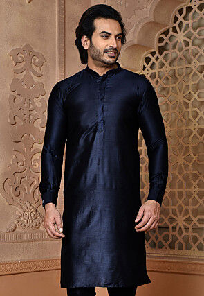 Solid Color Cotton Silk Kurta in Navy Blue