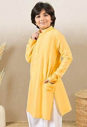 Solid Color Cotton Silk Kurta in Yellow