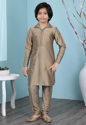 Solid Color Cotton Silk Kurta Set in Fawn