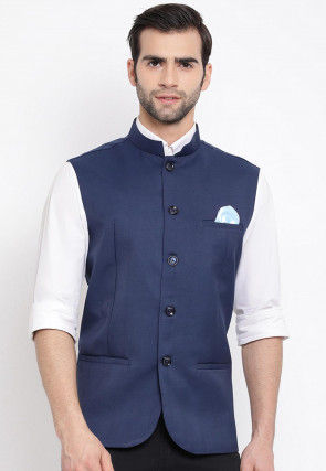 Solid Color Cotton Silk Nehru Jacket in Dark Blue