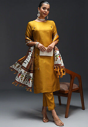 Solid Color Cotton Silk Pakistani Suit in Mustard
