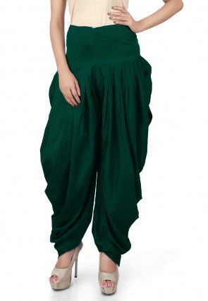 Solid Color Cotton Silk Patiala in Dark Green