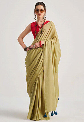 Solid Color Cotton Silk Saree in Dusty Green