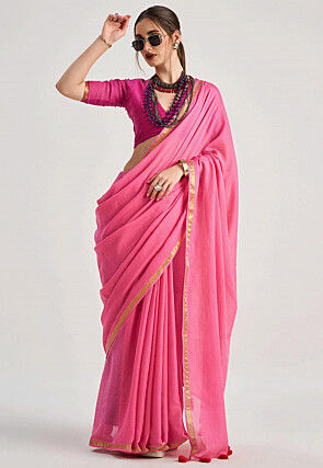 Solid Color Cotton Silk Saree in Pink