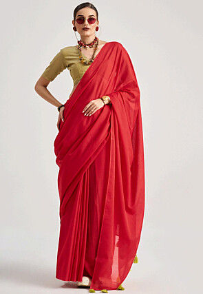 Solid Color Cotton Silk Saree in Red