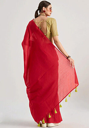 Solid Color Cotton Silk Saree in Red
