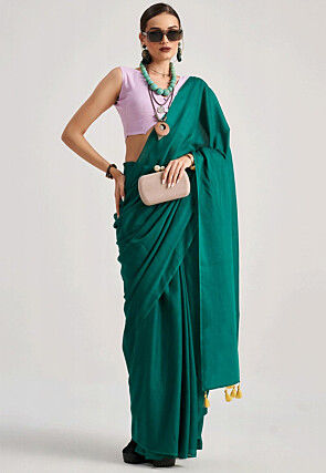 Solid Color Cotton Silk Saree in Teal Green