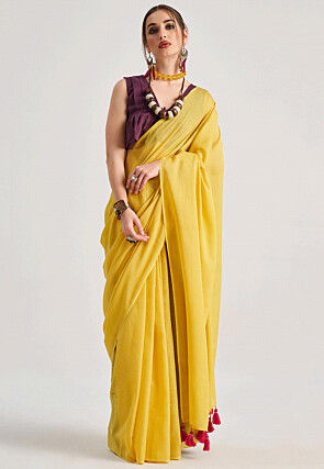 Solid Color Cotton Silk Saree in Yellow