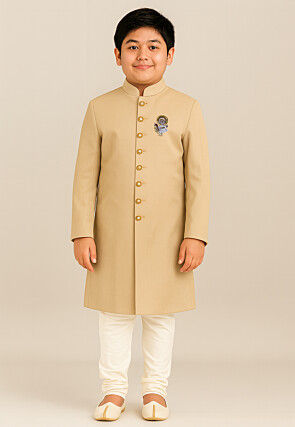 Solid Color Cotton Silk Sherwani in Beige