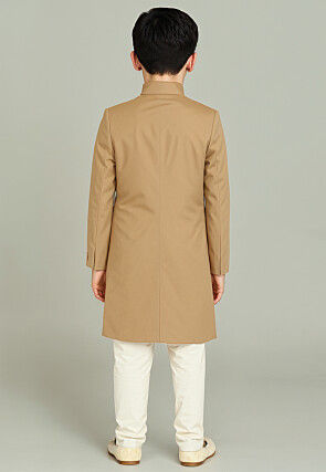 Solid Color Cotton Silk Sherwani in Beige