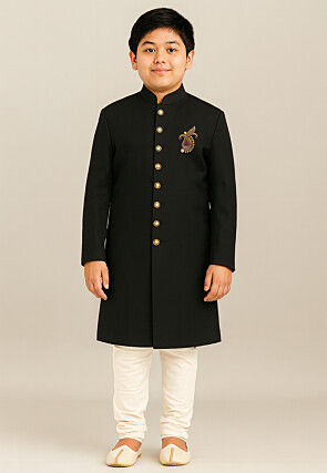 Solid Color Cotton Silk Sherwani in Black
