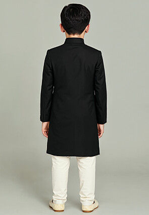 Solid Color Cotton Silk Sherwani in Black