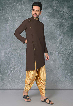 Solid Color Cotton Silk Side Slit Asymmetric Kurta in Brown