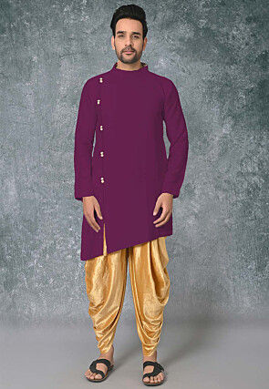Solid Color Cotton Silk Side Slit Asymmetric Kurta in Magenta