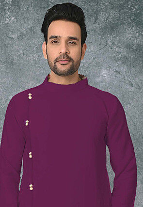 Solid Color Cotton Silk Side Slit Asymmetric Kurta in Magenta