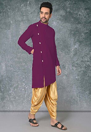 Solid Color Cotton Silk Side Slit Asymmetric Kurta in Magenta