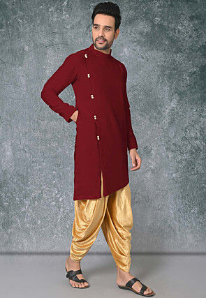 Solid Color Cotton Silk Side Slit Asymmetric Kurta in Maroon