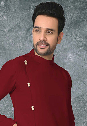 Solid Color Cotton Silk Side Slit Asymmetric Kurta in Maroon