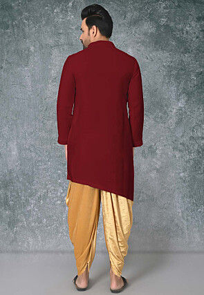 Solid Color Cotton Silk Side Slit Asymmetric Kurta in Maroon