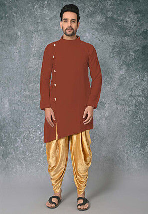 Solid Color Cotton Silk Asymmetric Dhoti Kurta in Rust