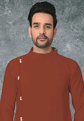 Solid Color Cotton Silk Asymmetric Dhoti Kurta in Rust
