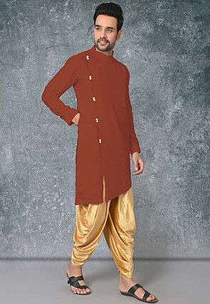 Solid Color Cotton Silk Asymmetric Dhoti Kurta in Rust
