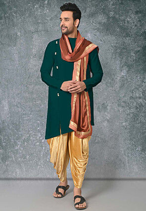 Solid Color Cotton Silk Side Slit Asymmetric Kurta in Dark Green