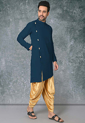 Solid Color Cotton Silk Asymmetric Kurta in Teal Blue