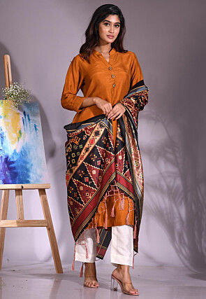 Solid Color Cotton Silk Slub Straight Suit in Mustard