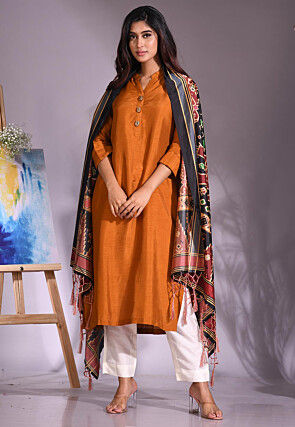 Solid Color Cotton Silk Slub Straight Suit in Mustard