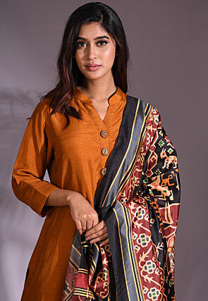 Solid Color Cotton Silk Slub Straight Suit in Mustard