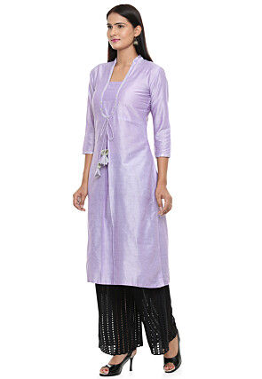 Solid Color Cotton Silk Straight Kurta in Light Purple