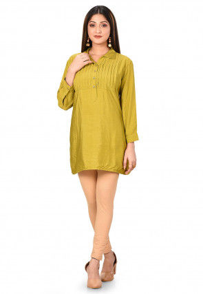Solid Color Cotton Silk Top in Olive Green