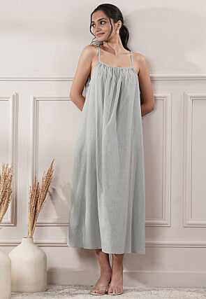 Solid Color Cotton Slub A Line Dress in Grey