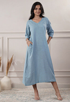Solid Color Cotton Slub A Line Dress in Light Blue